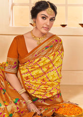 Orange Yellow Cotton Silk Ikkat Print Saree